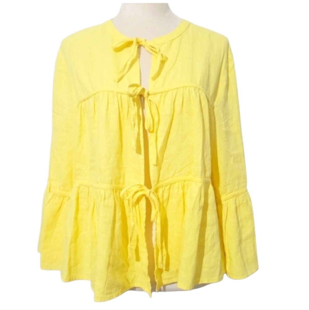 Marc New York Women’s Tie Front Linen Blend Tiered Blouse Yellow Size Large - Picture 2 of 14